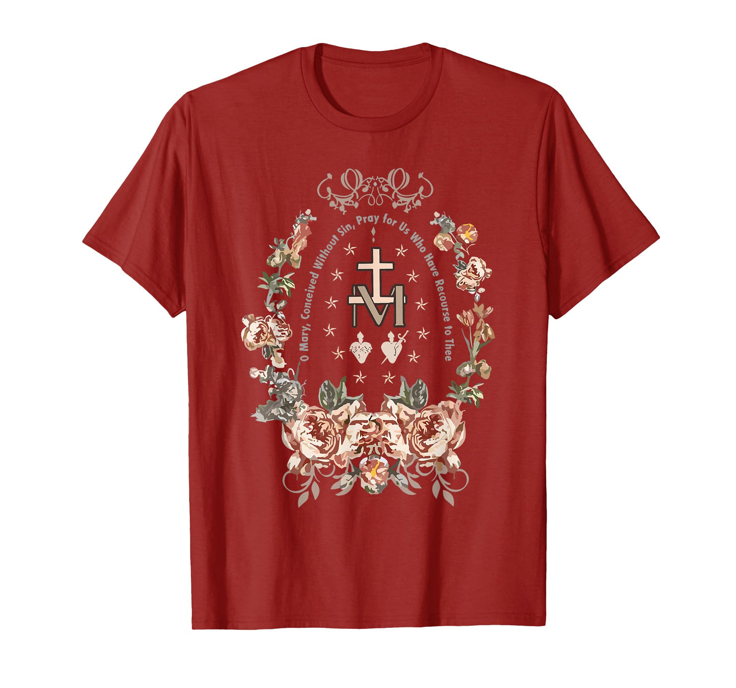 Marian Cross Floral Virgin Mary Catholic Art T-Shirt