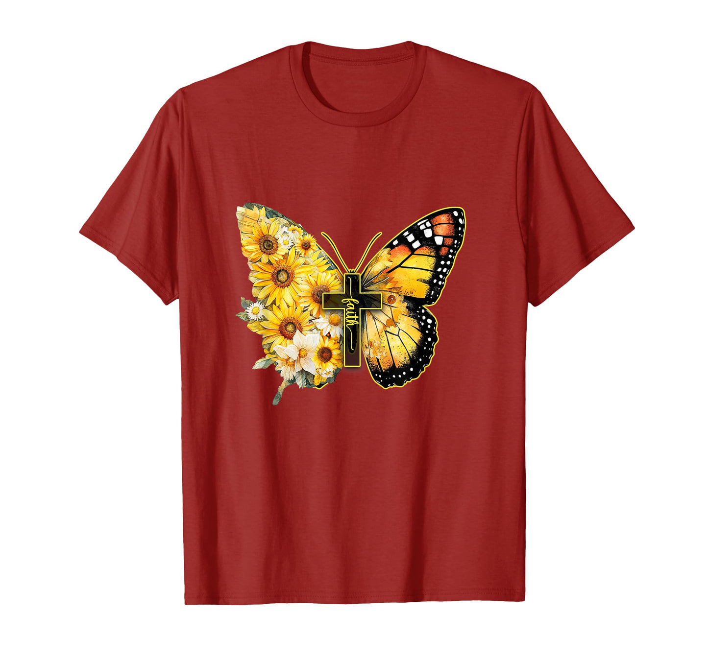 Faith Cross Sunflower Butterfly Christian Women Vintage T-Shirt