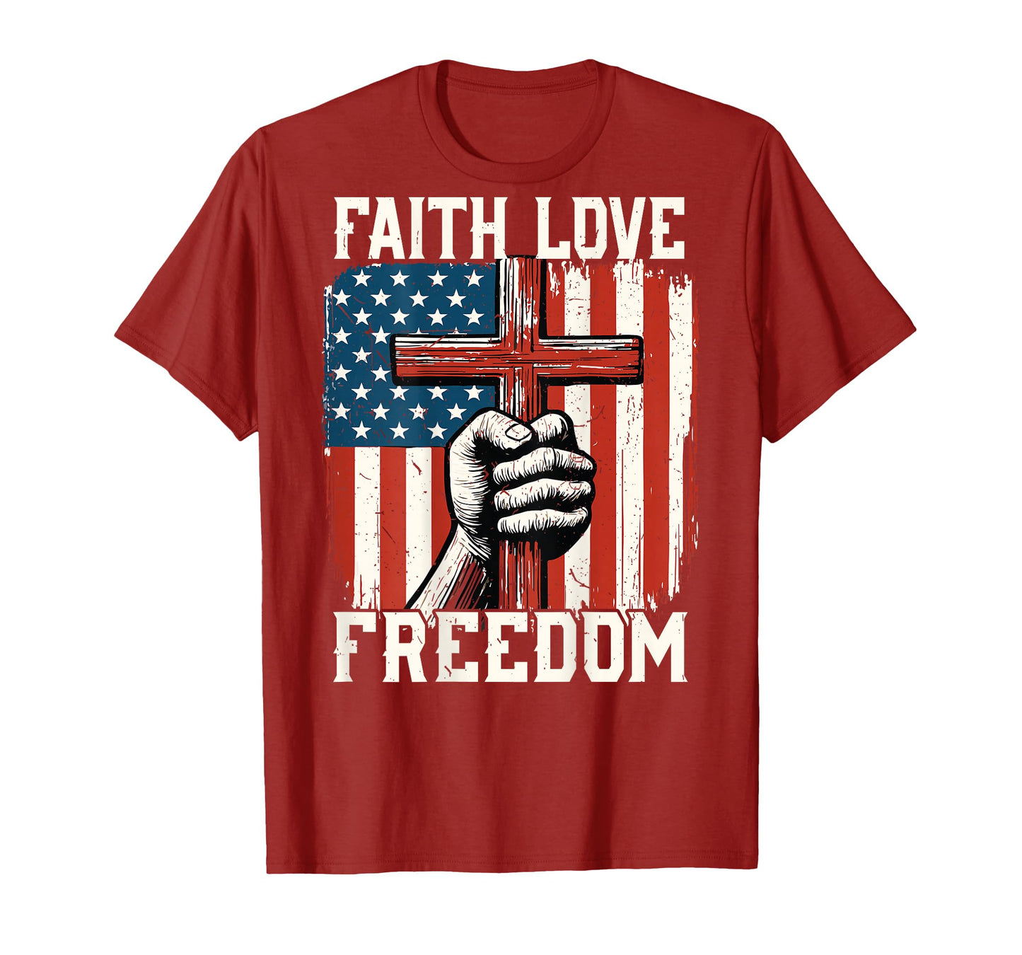 On-Back Faith Love Freedom Patriotic Christian Cross US Flag T-Shirt