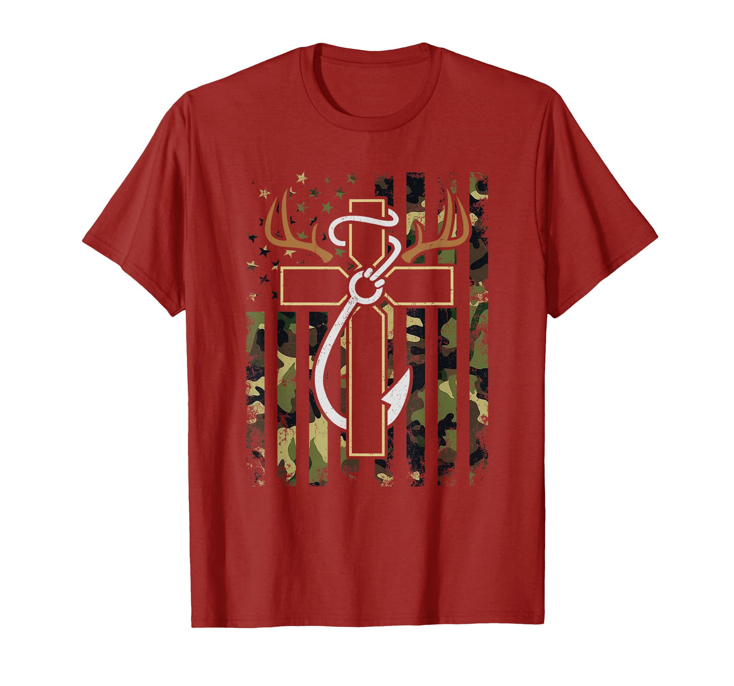Hunting Fishing Faith Cross Deer Antlers Hook USA Flag Retro T-Shirt