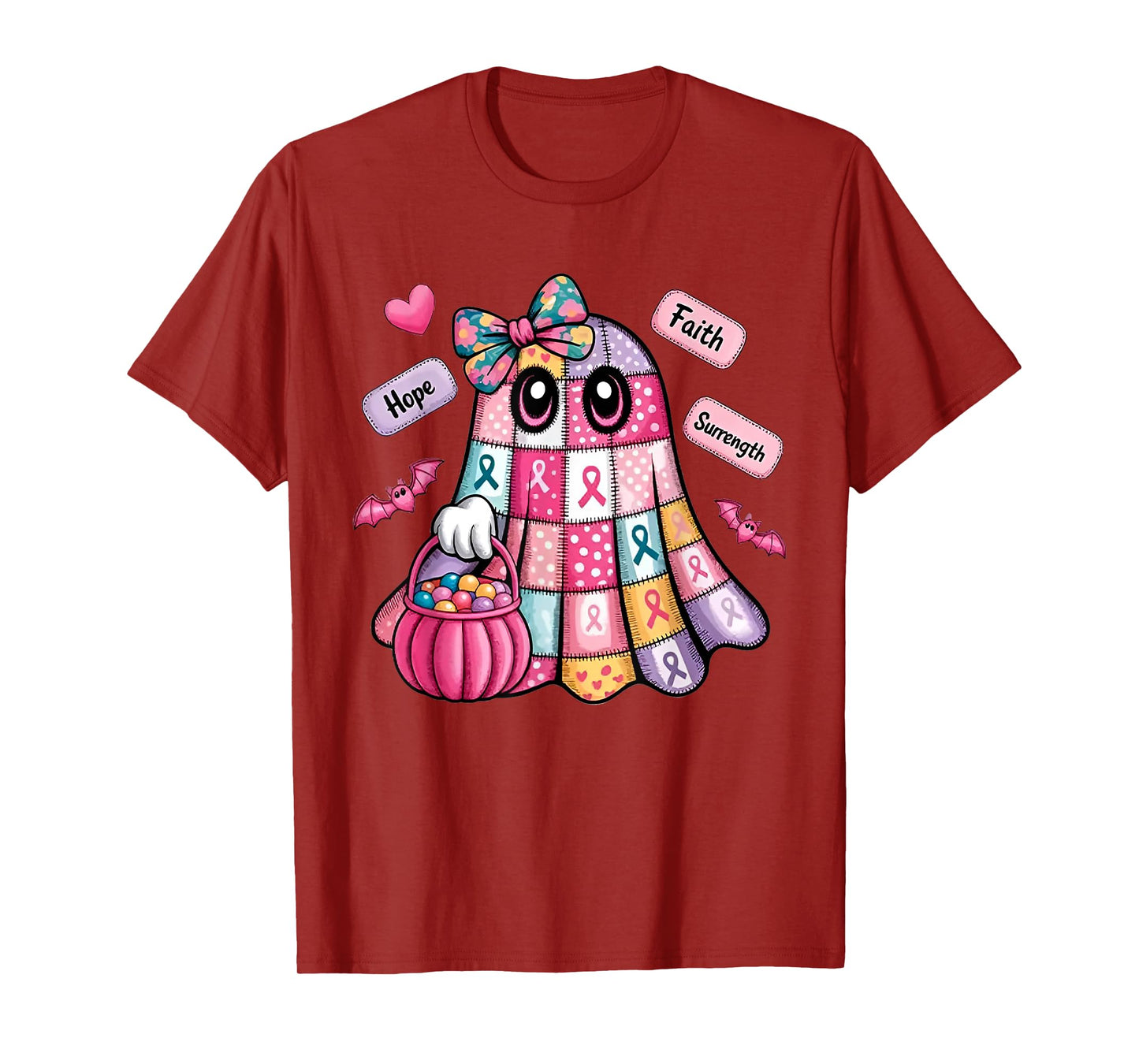 Faith Hope Surrength Patchwork Ghost Breast Cancer Awareness T-Shirt
