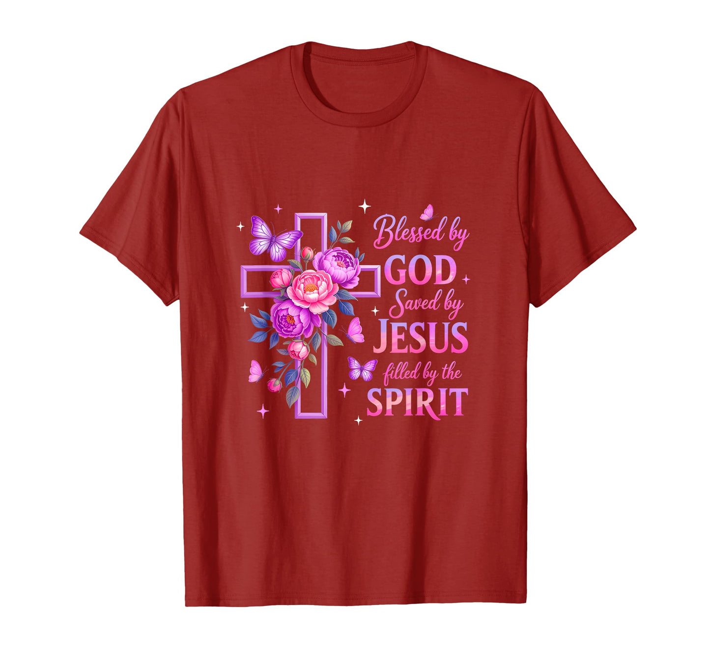 Blessed By God Saved By Jesus Purple Floral Cross Christian T-Shirt