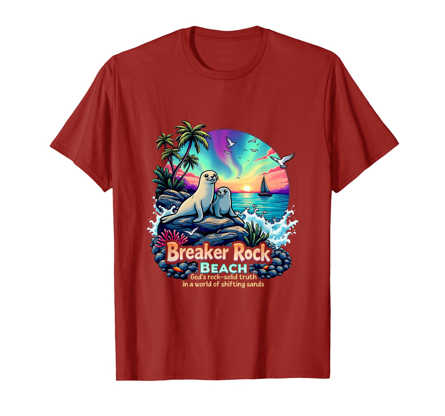 God's Solid Beach Breaker Rock Camp Retro VBS 2025 Beach T-Shirt