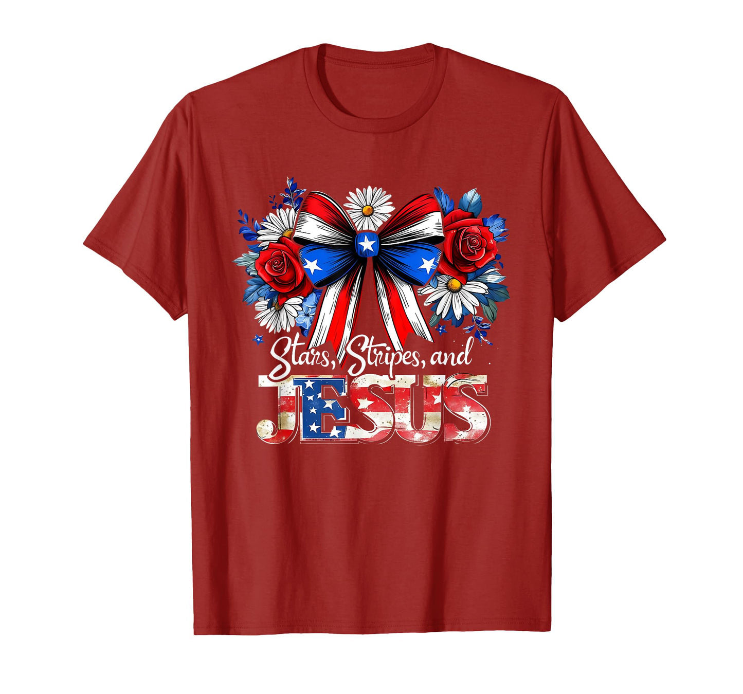 Stars Stripes and Jesus Bow Patriotic Christian Tee T-Shirt