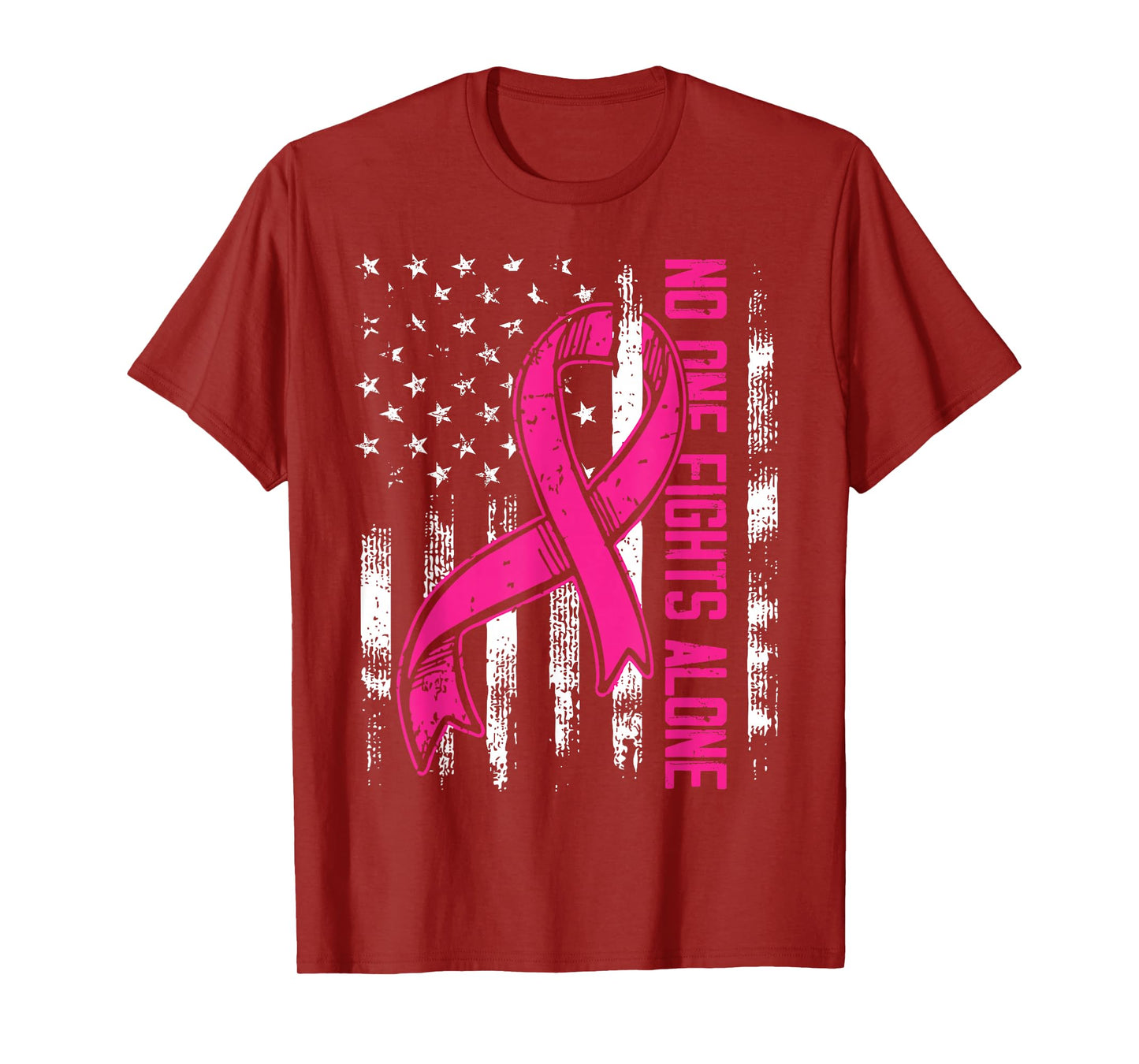 No One Fight Breast Cancer Alone Pink Ribbon American Flag T-Shirt