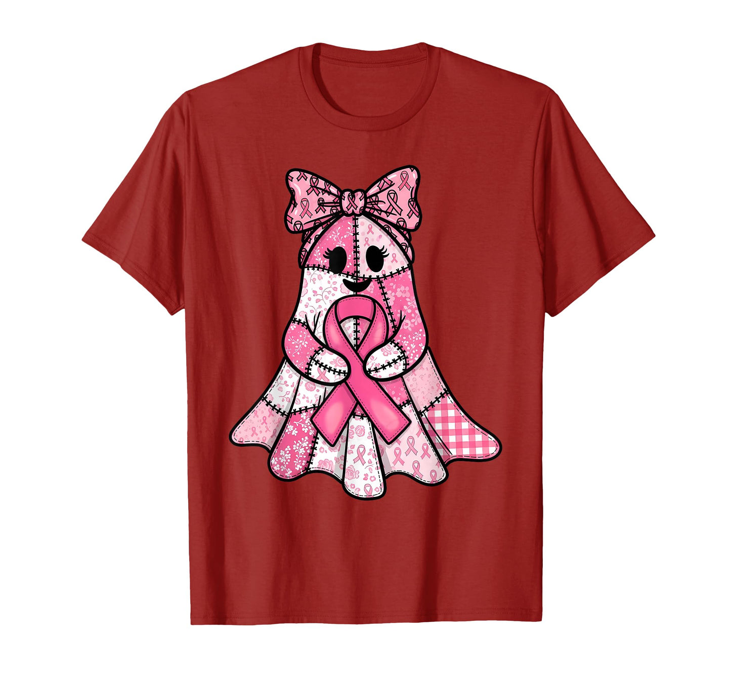 Pink Ribbon Patchwork Ghost Breast Cancer Spooky Halloween T-Shirt