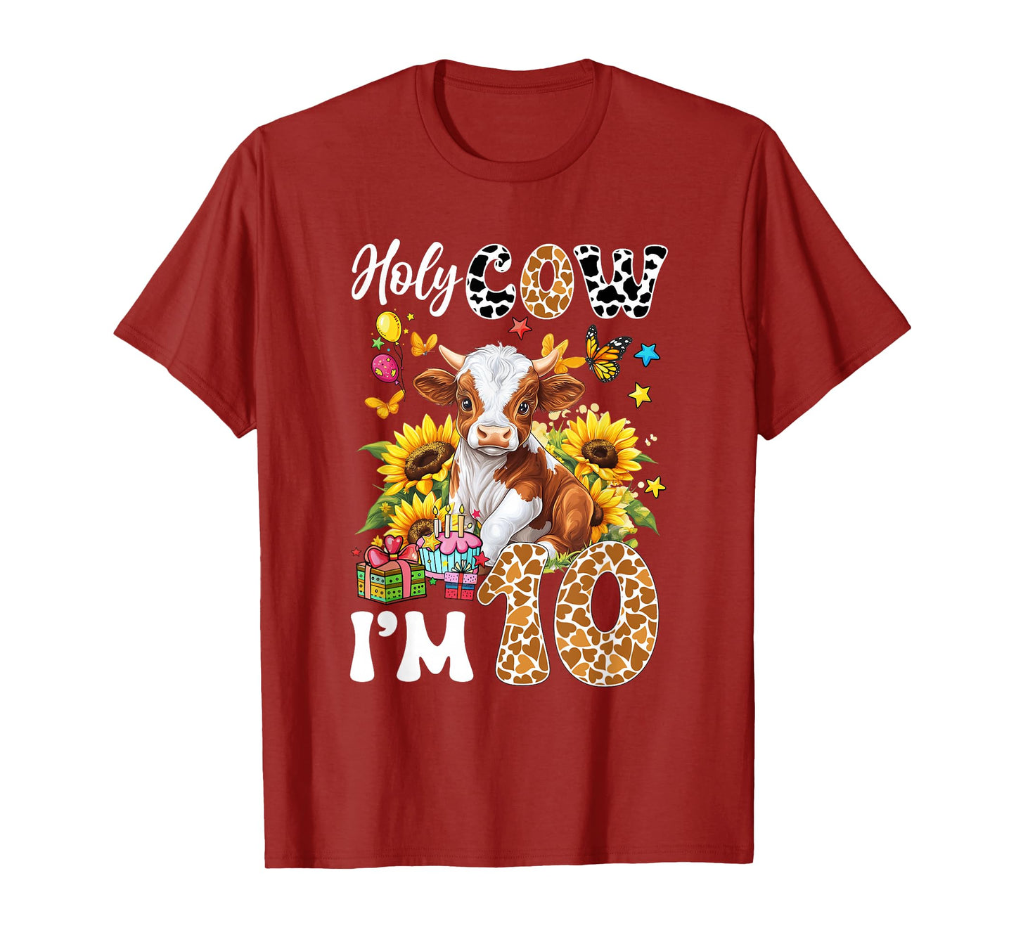 Holy Cow I'm 10 Years Old Farm Cow Sunflowers 10Th Birthday T-Shirt