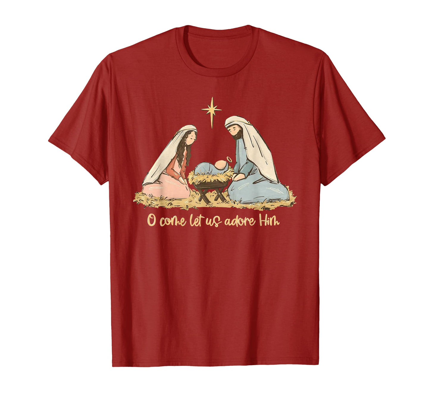 O Come Let Us Adore Him Merry Christmas Xmas Christian Jesus T-Shirt