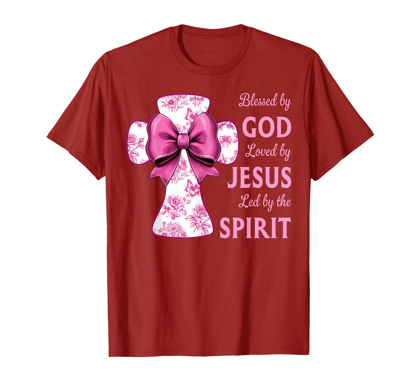 Blessed by God Loved by Jesus Pink Toile Cross Christian T-Shirt