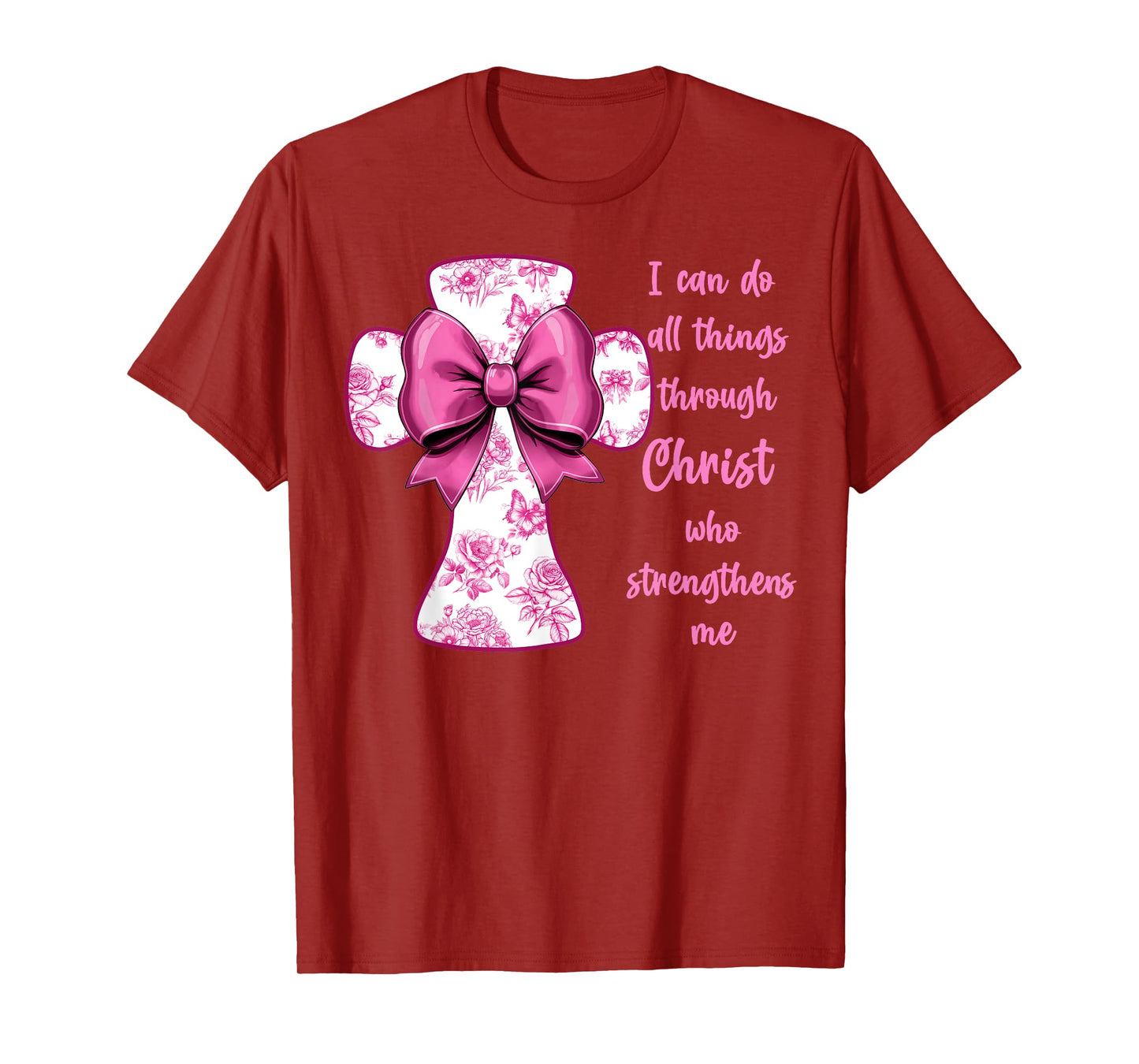 I Can Do All Things Through Christ Pink Toile Cross And Bow T-Shirt
