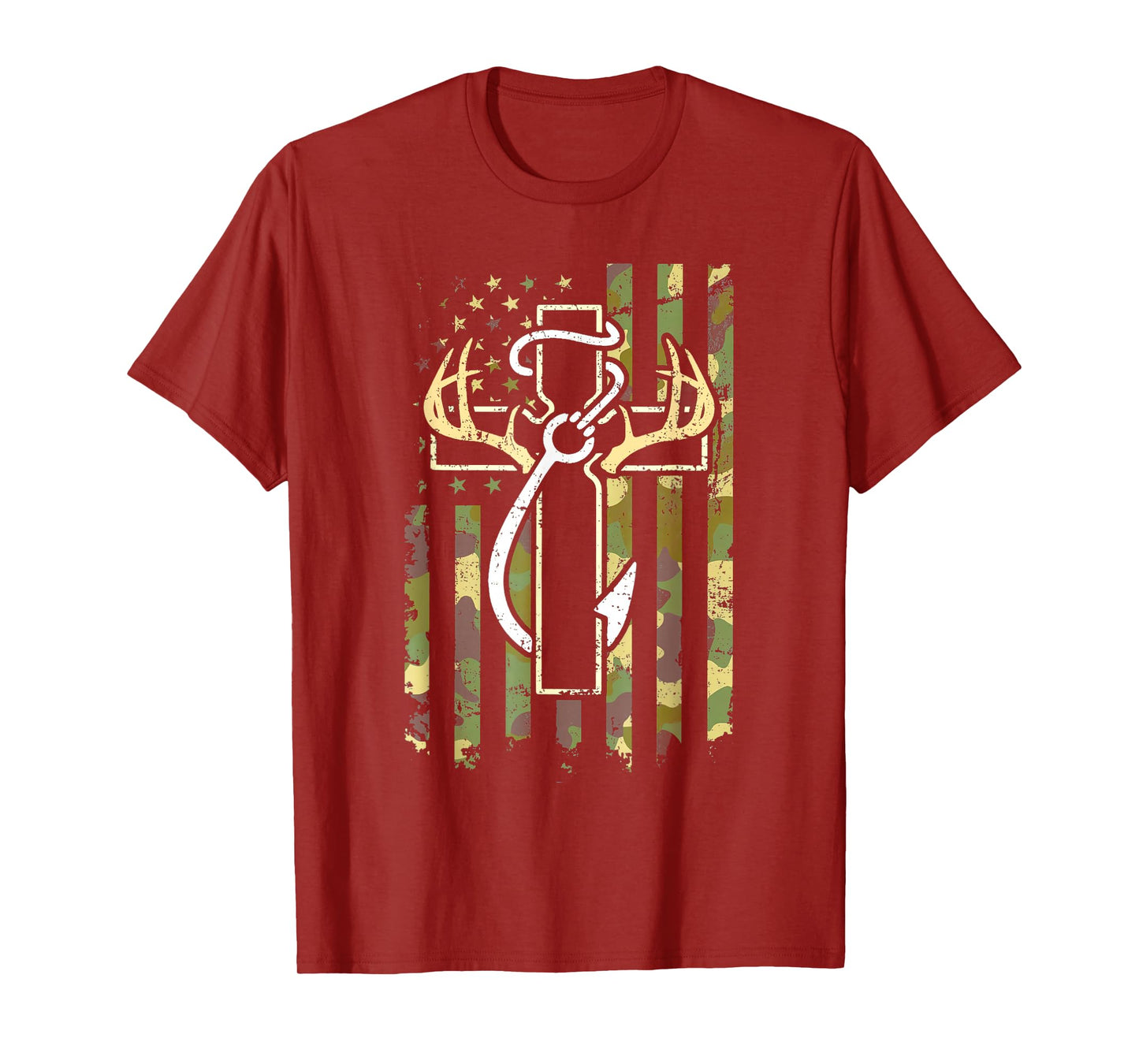 Hunting Fishing Faith Cross Deer Antlers American Flag T-Shirt