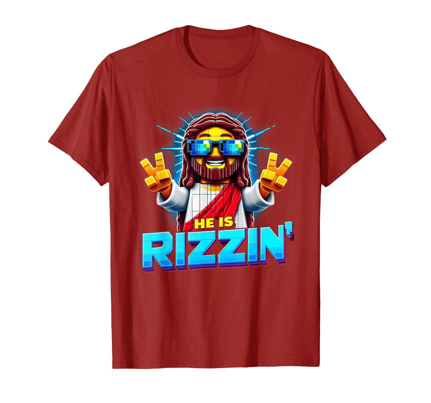 He Is Rizzen Jesus Has Rizzen Retro Christian Pixel Gaming T-Shirt