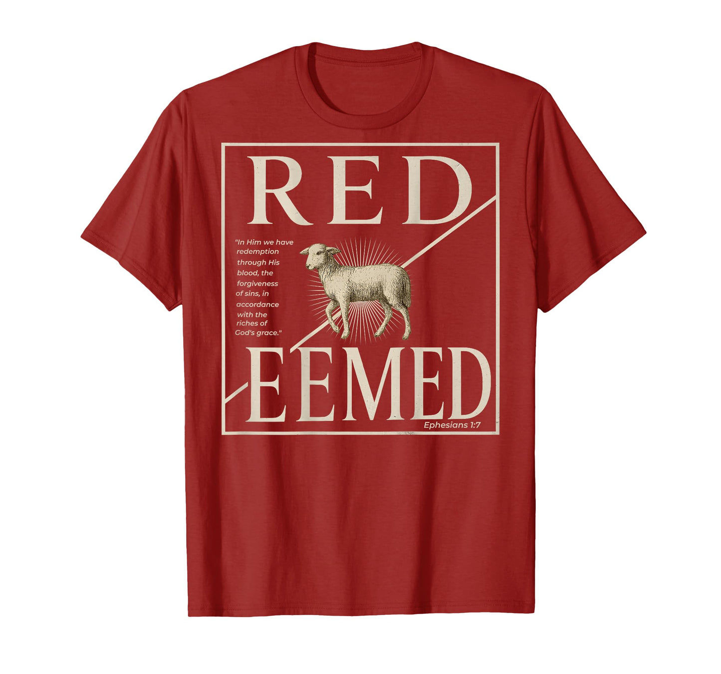(ON BACK) Christian Lamb REDEEMED Ephesians 1 7 Bible Verse T-Shirt