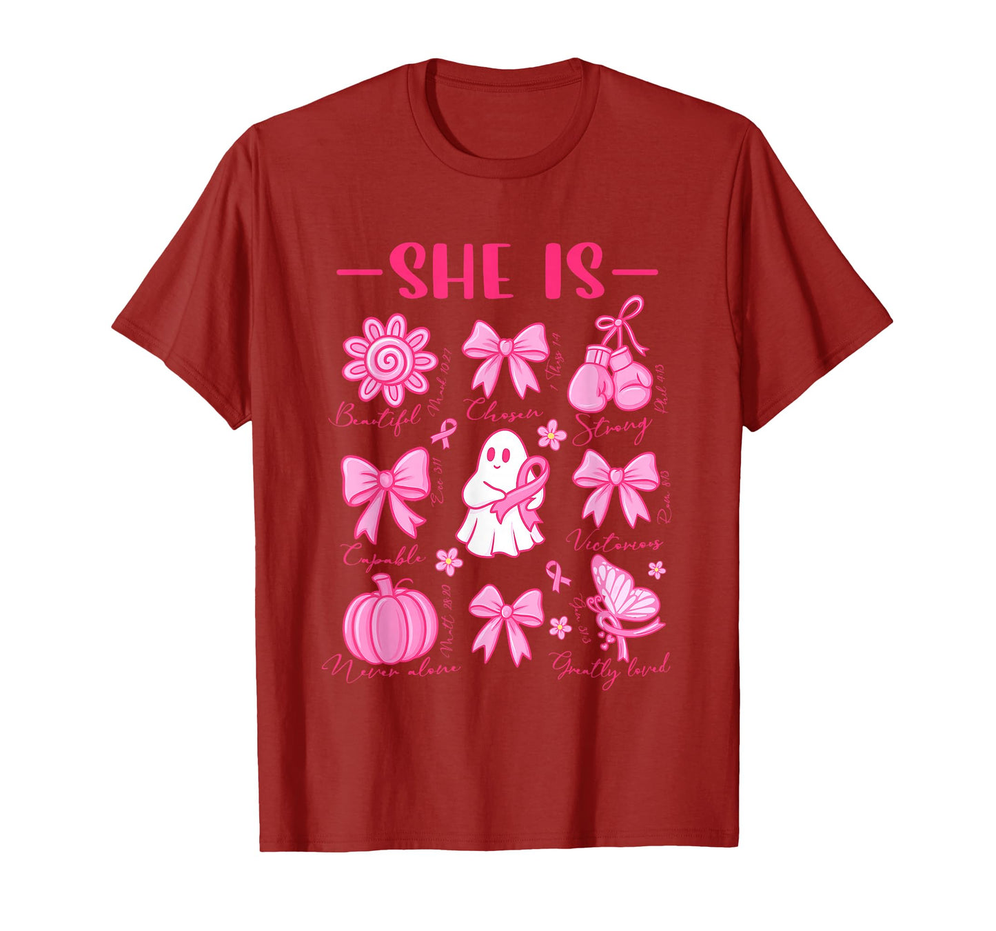 She is Christian Bible Verse Breast Cancer Pink Ribbon Women T-Shirt