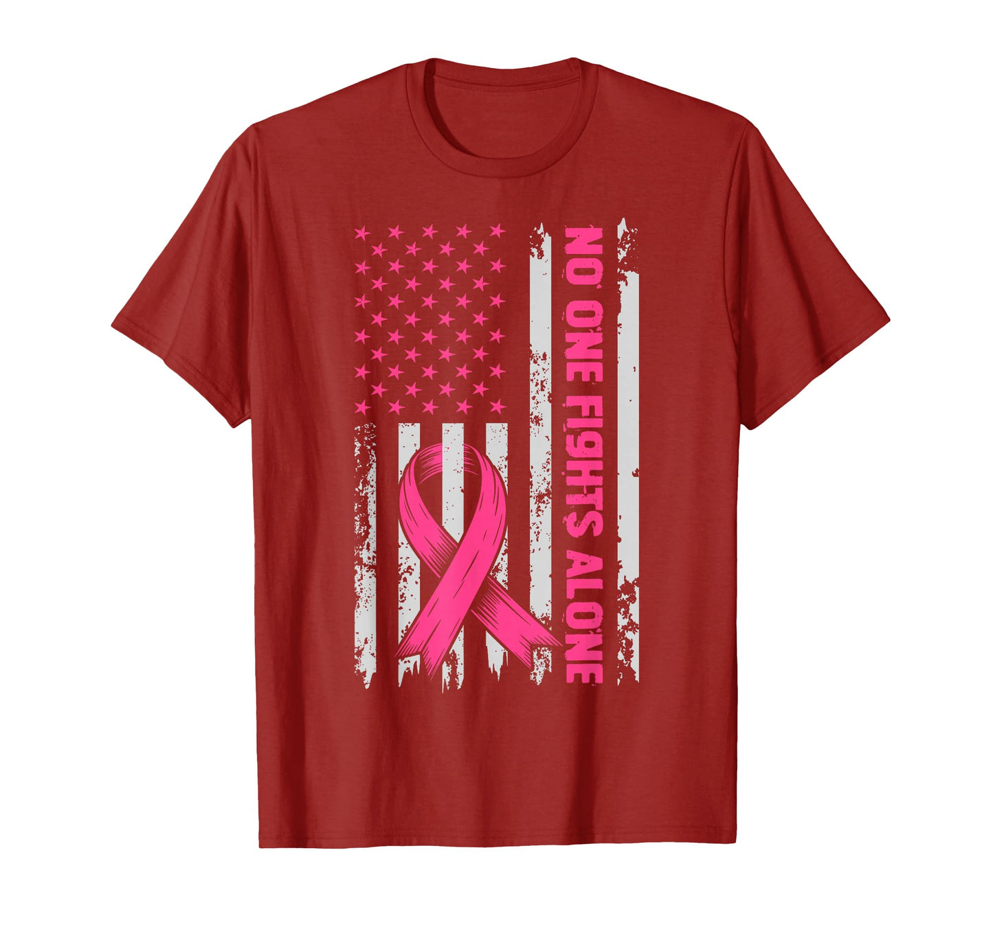 No One Fights Breast Cancer Alone US Flag Pink Ribbon T-Shirt