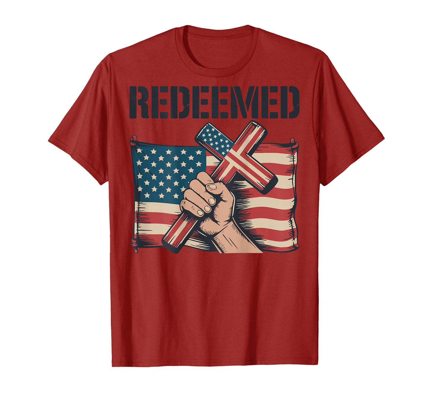 Men's Redeemed American Flag Christian Patriotic Cross Faith T-Shirt
