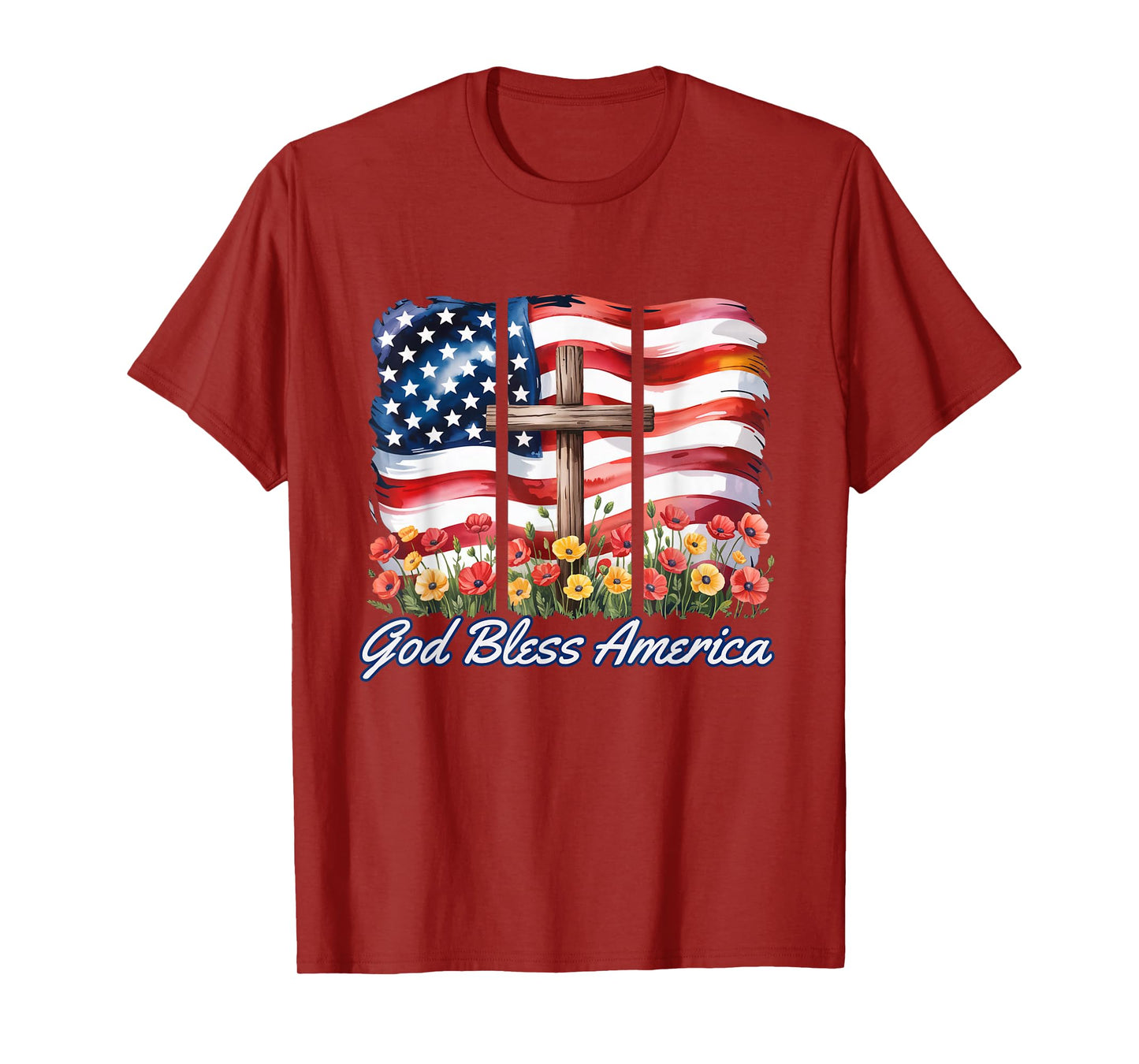 God Bless America Flag Cross Flowers Patriotic 4th of July T-Shirt