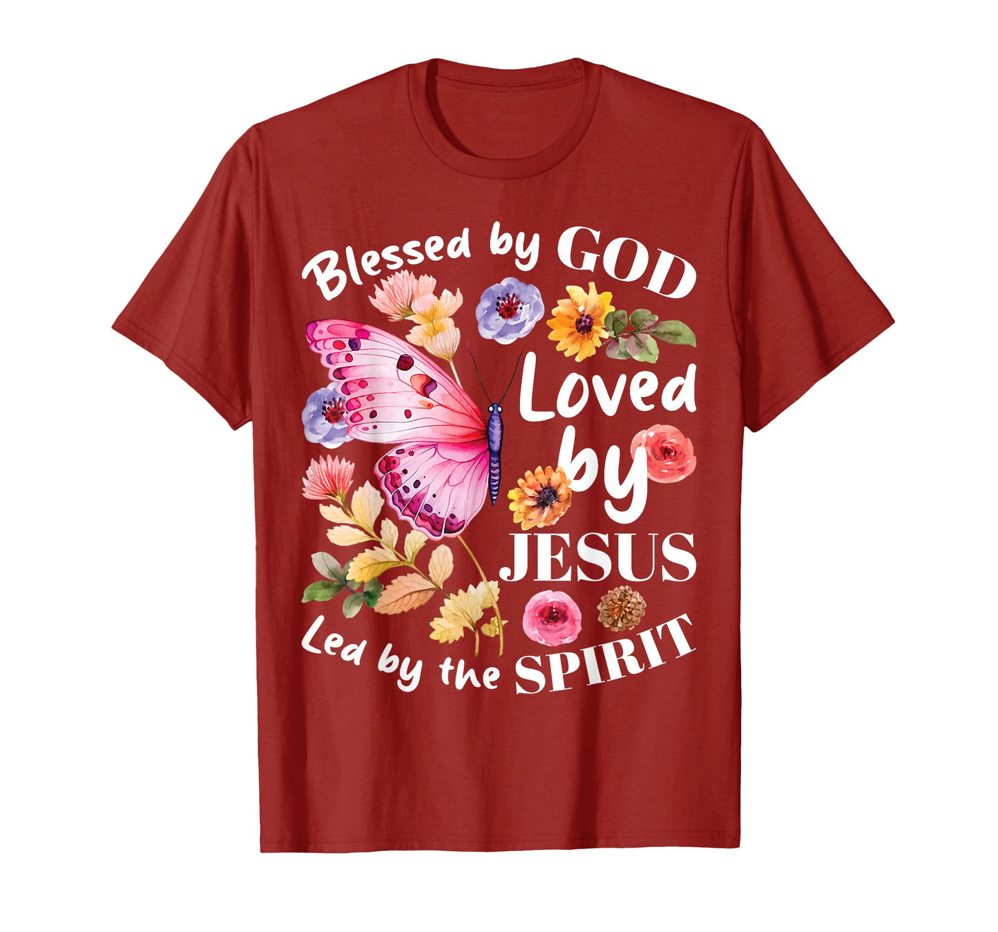 Christian Blessed by God Loved by Jesus Floral Butterfly T-Shirt