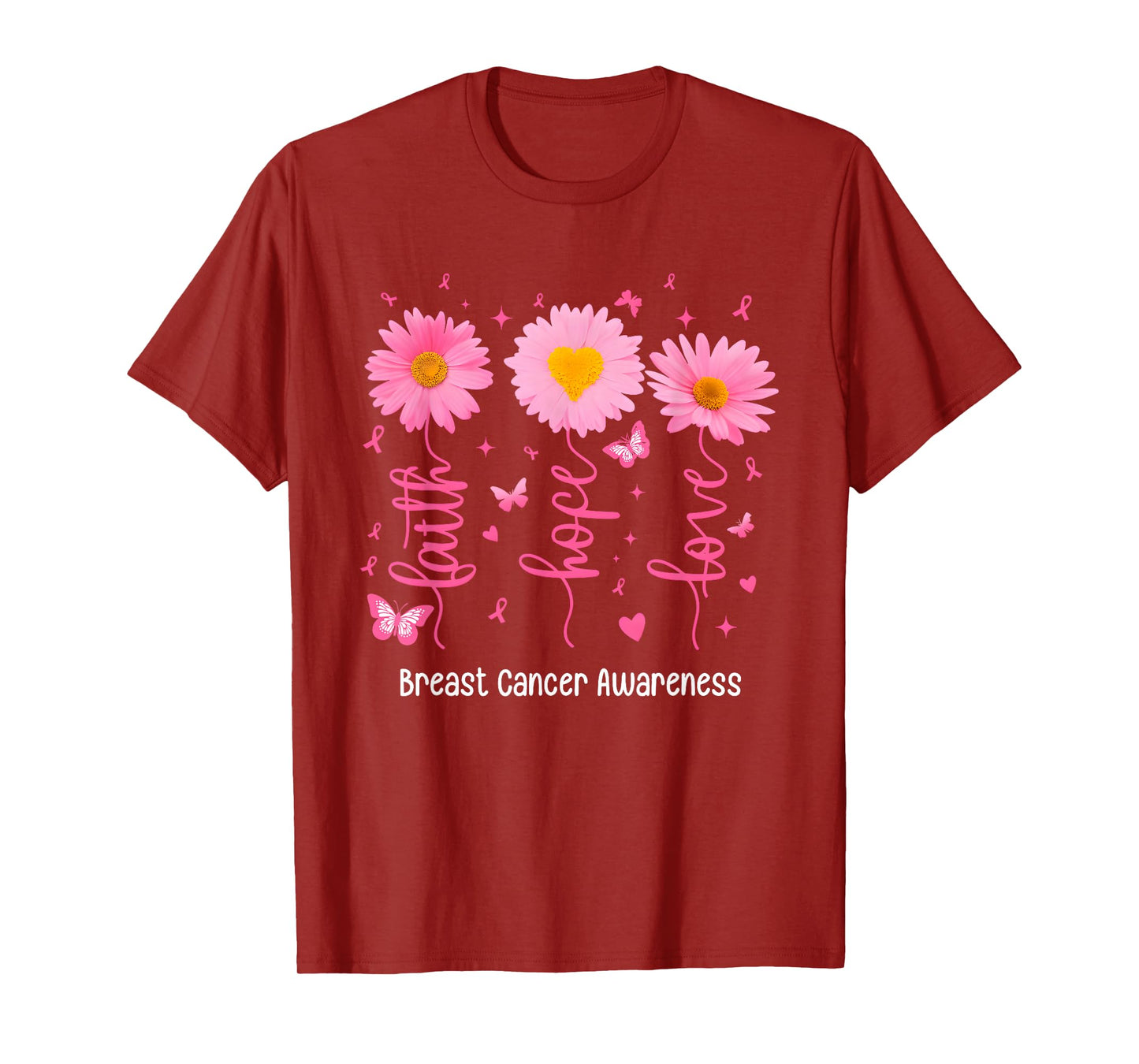 Faith Hope Love Flowers Breast Cancer Awareness Support T-Shirt