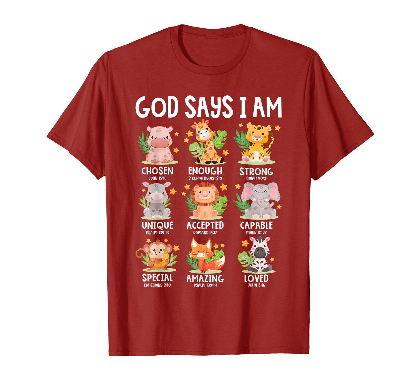 God Says I Am Christian Boys Girls Kids Safari Zoo Animals T-Shirt