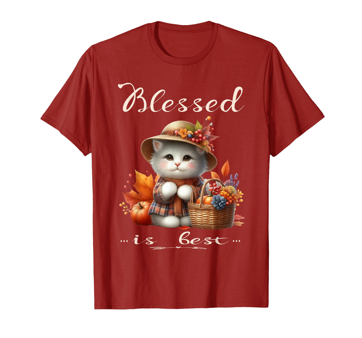Blessed is Best Fall & Autumn Cute White Vintage Kitty & Hat T-Shirt