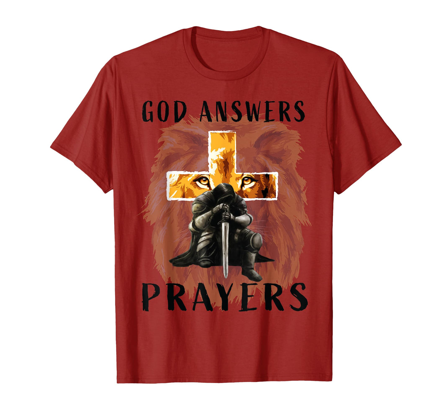 God Answers Prayers Warrior Men Christian Cross Lion Graphic T-Shirt