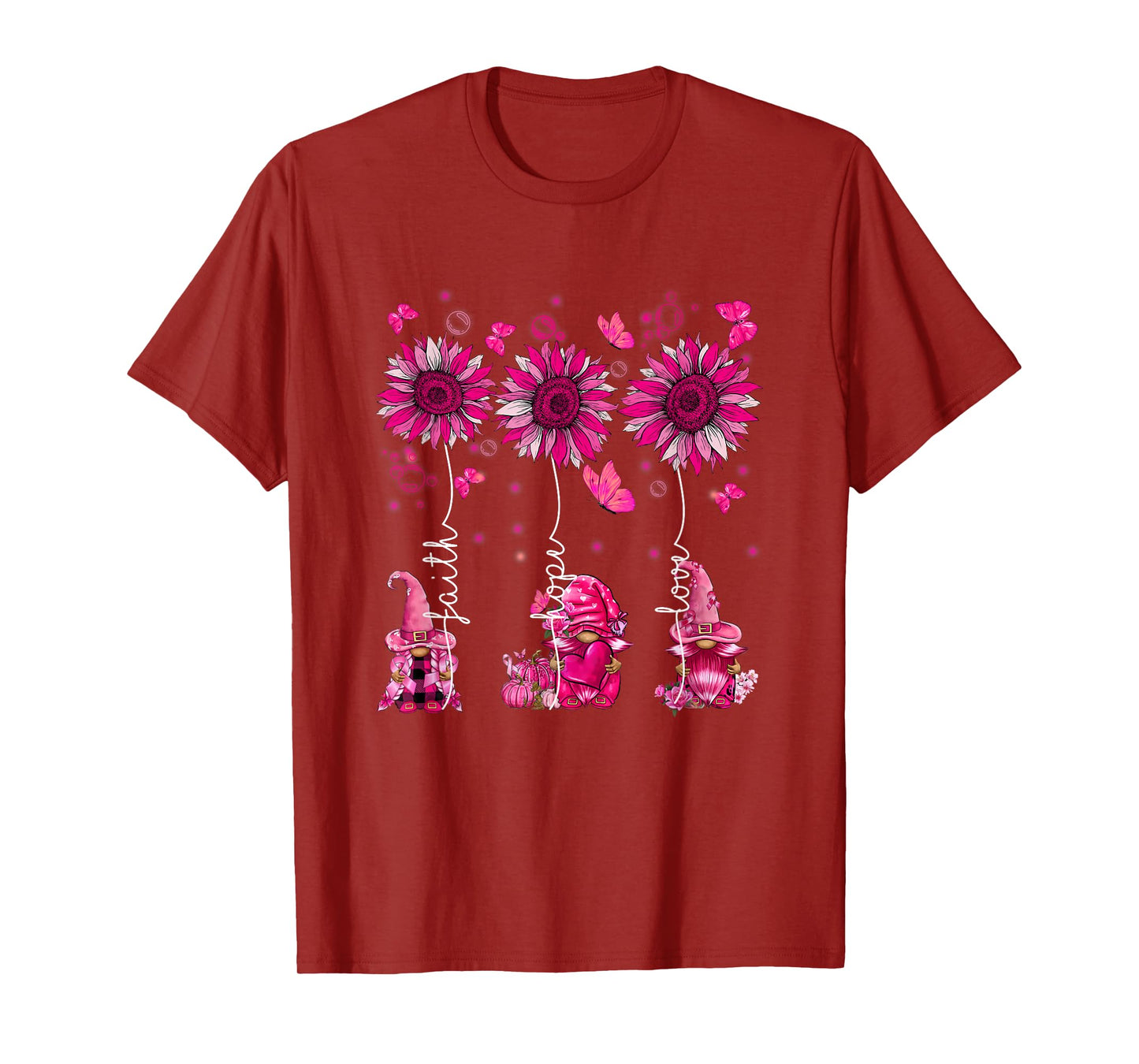 Faith Hope Love Gnome Ribbon Breast Cancer Awareness Flower T-Shirt