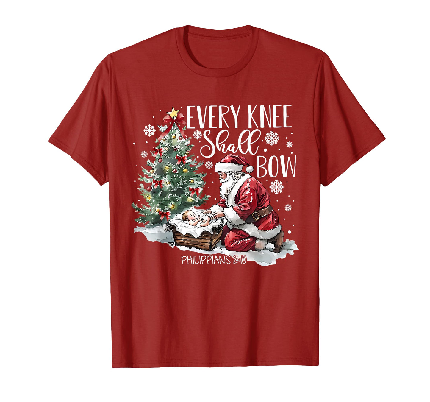 Every Knee Shall Bow Santa Christmas Nativity Scene Xmas T-Shirt