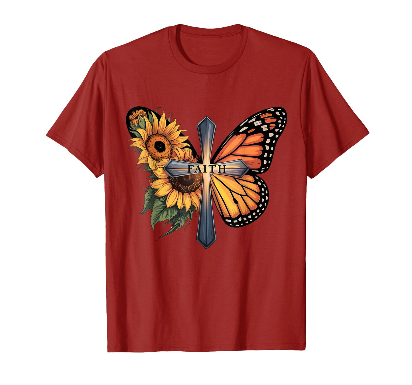Faith Cross Sunflower Butterfly Christian Vintage T-Shirt