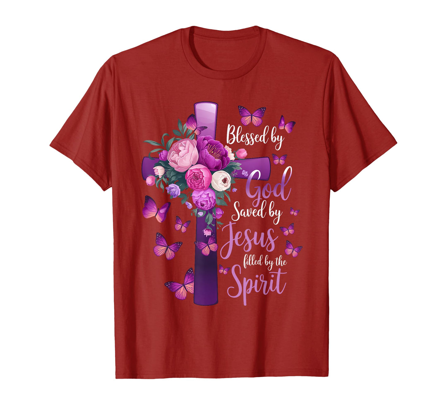Blessed by God Saved by Jesus Purple Floral Cross Christian T-Shirt
