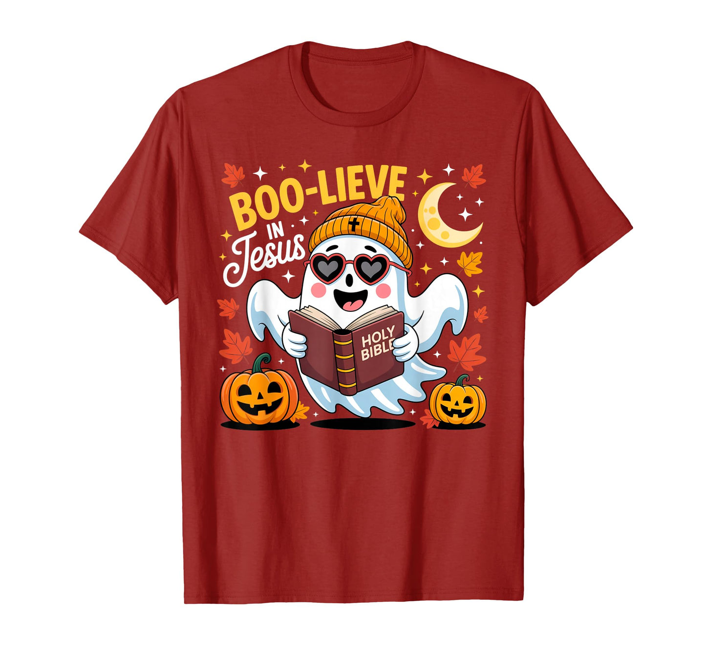 Boo-Lieve in Jesus Ghost Christian Halloween Funny Crew T-Shirt