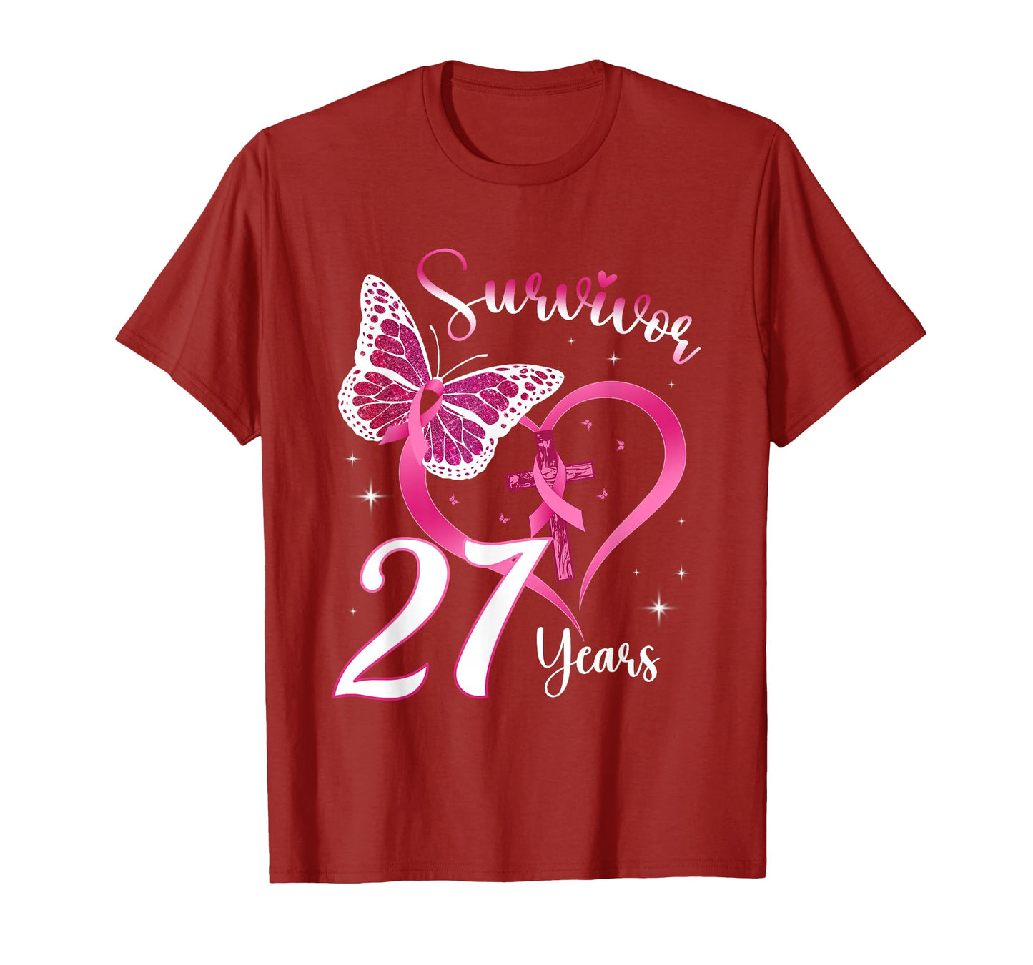 Breast Cancer Survivor Pink Ribbon Butterfly 27 Years Gift T-Shirt
