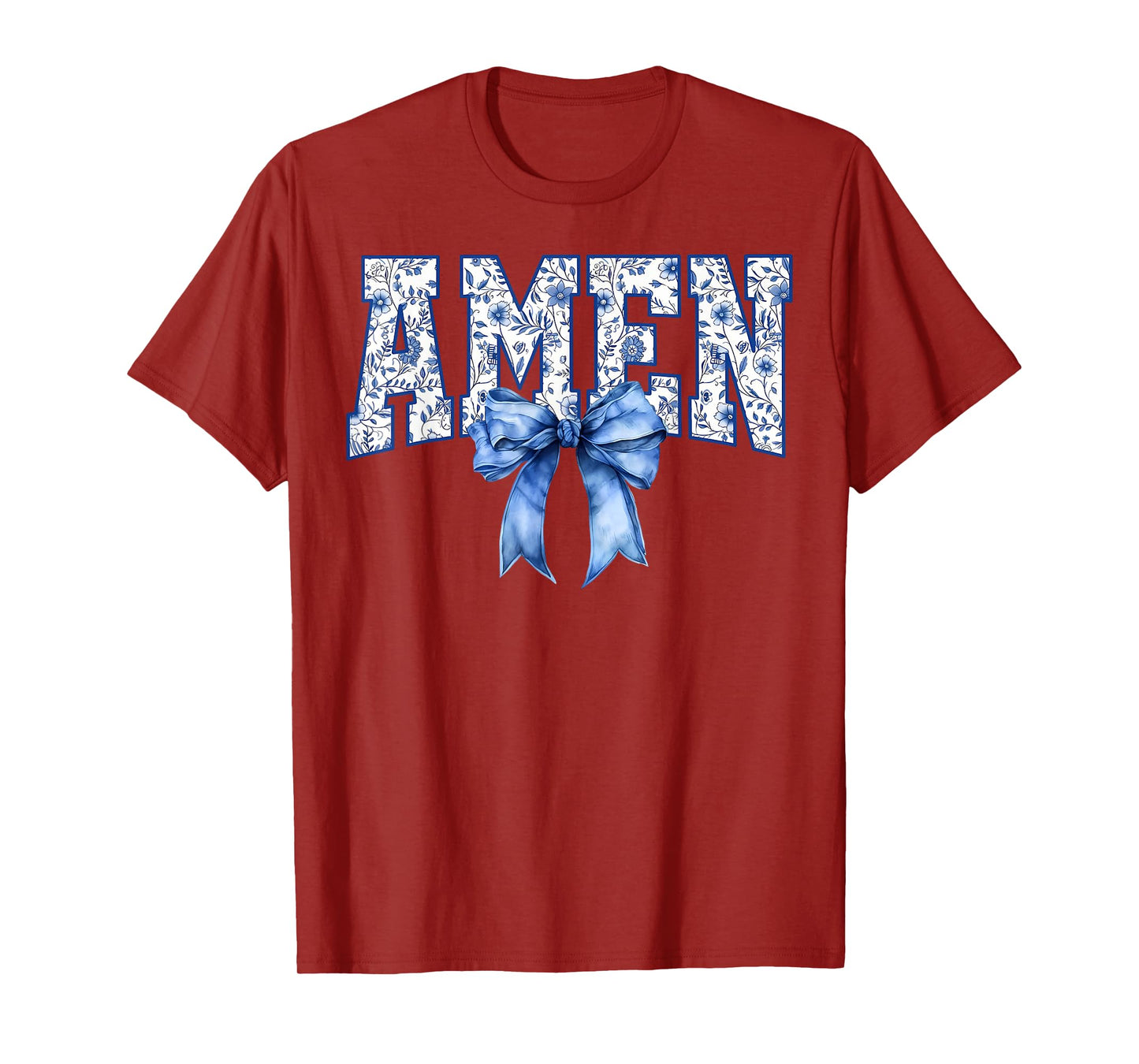 Amen Floral Toile Blue Coquette Bow Religious Faith Jesus T-Shirt