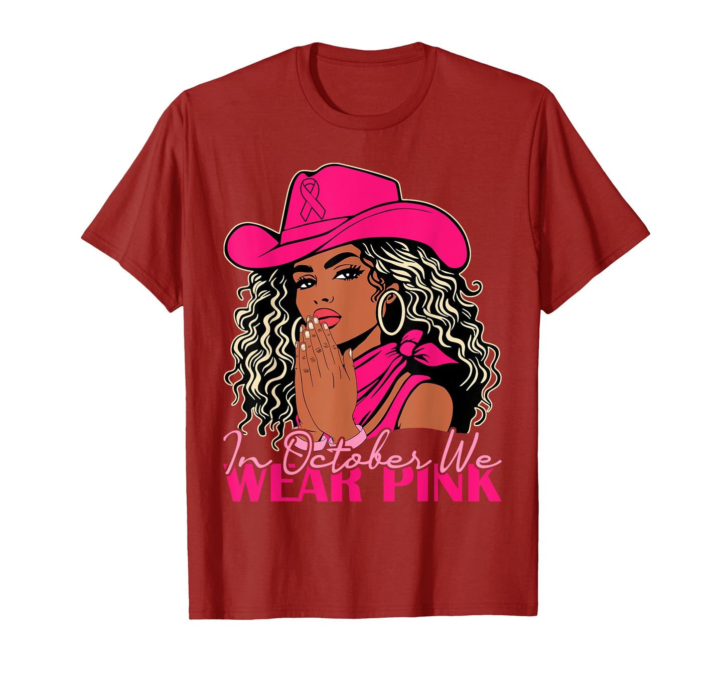 in October We Wear Pink Women Black Cowgirl Breast Cancer T-Shirt