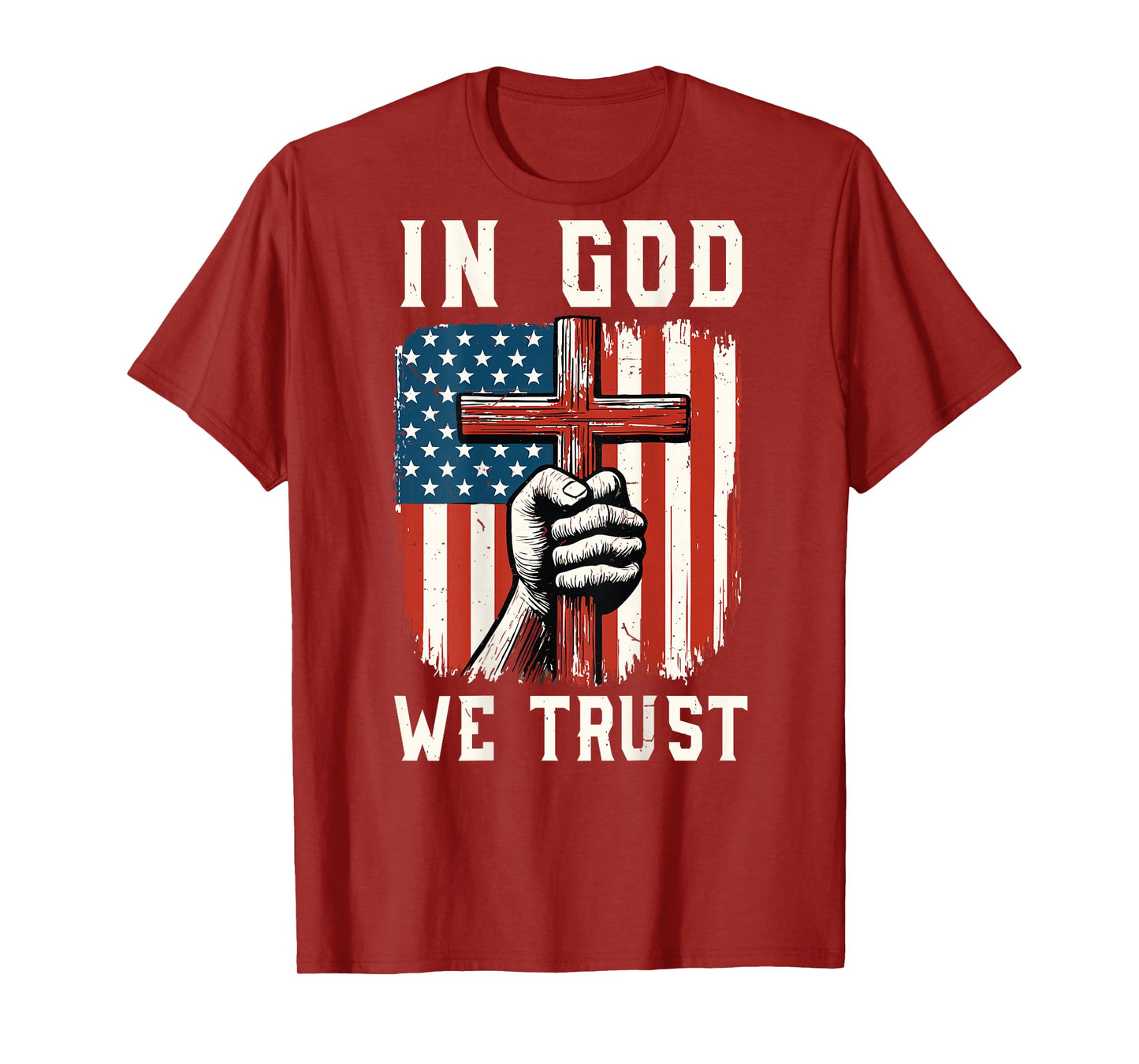 Mens in God We Trust Cross American Flag Christian Patriotic T-Shirt