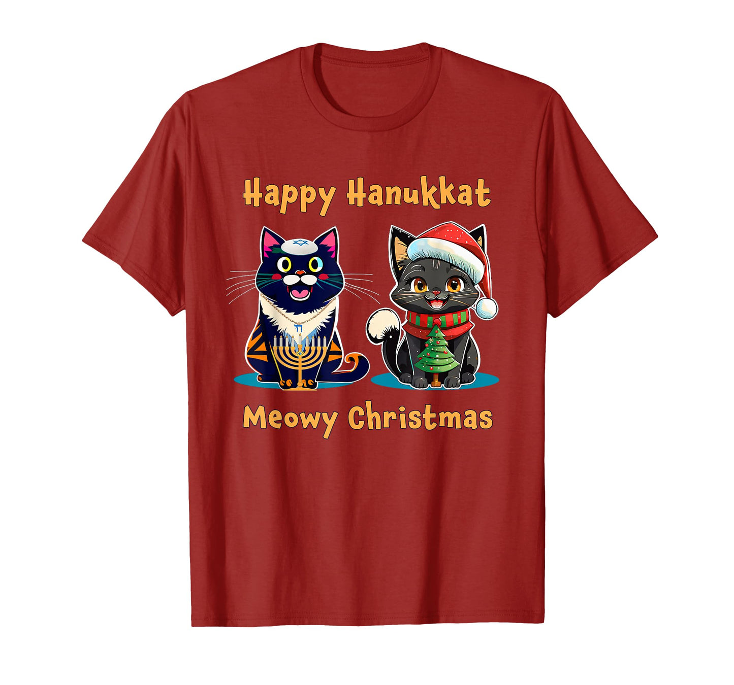 Merry Christmas Happy Hanukkah Jewish Christian Cat Lovers T-Shirt for Men Women Kids