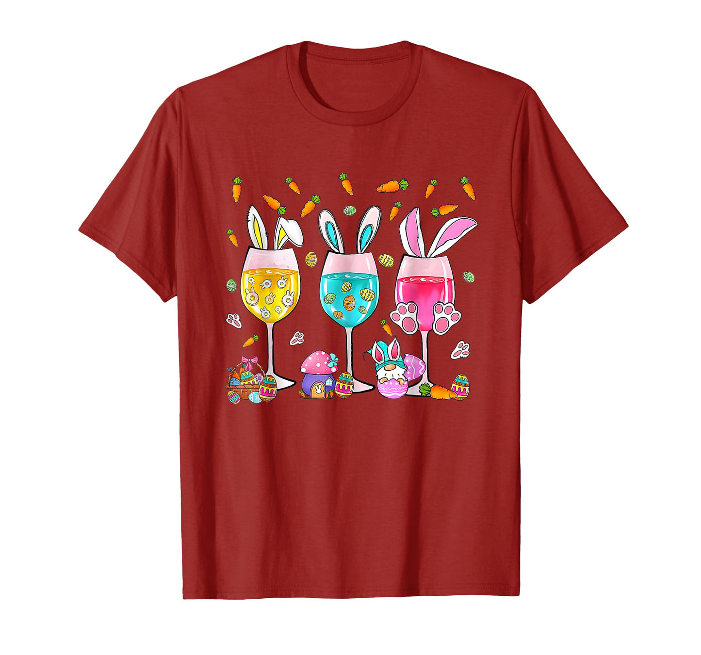 Funny Wine Glasses Bunny With Egg Basket Spring Easter Women T-Shirt