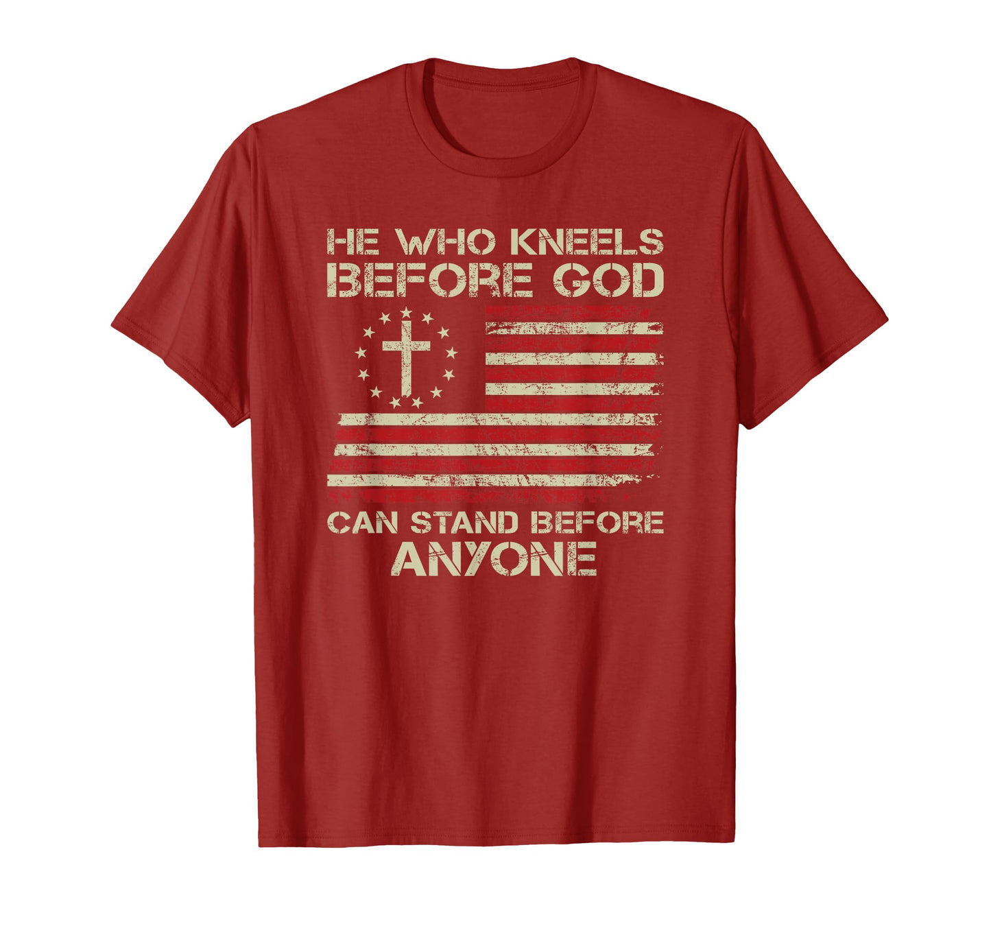 He Who Kneels Before God Can Stand Before Anyone USA Flag T-Shirt for Women Men