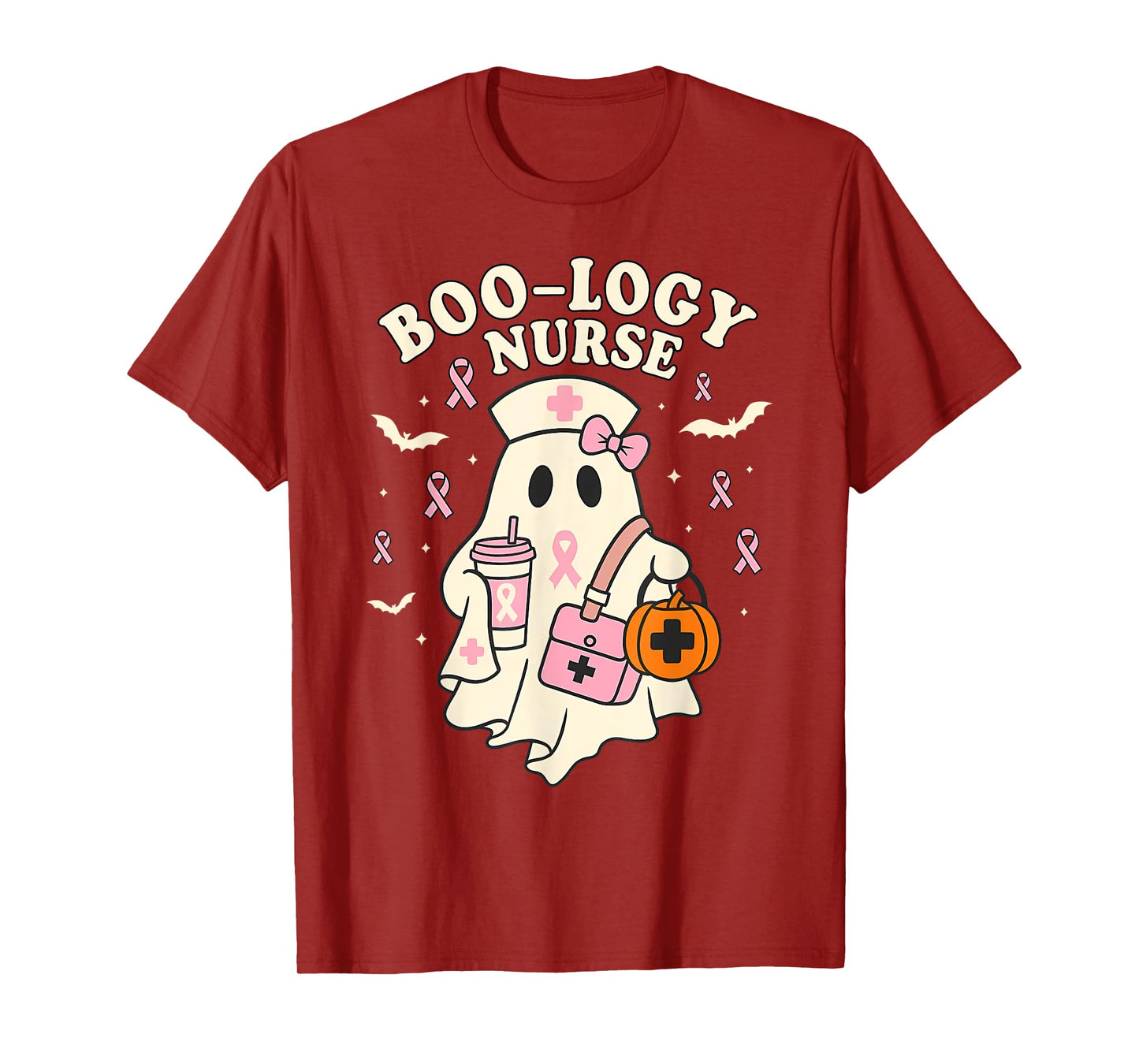 Boo-logy Nurse Ghost Halloween Breast Cancer Awareness T-Shirt