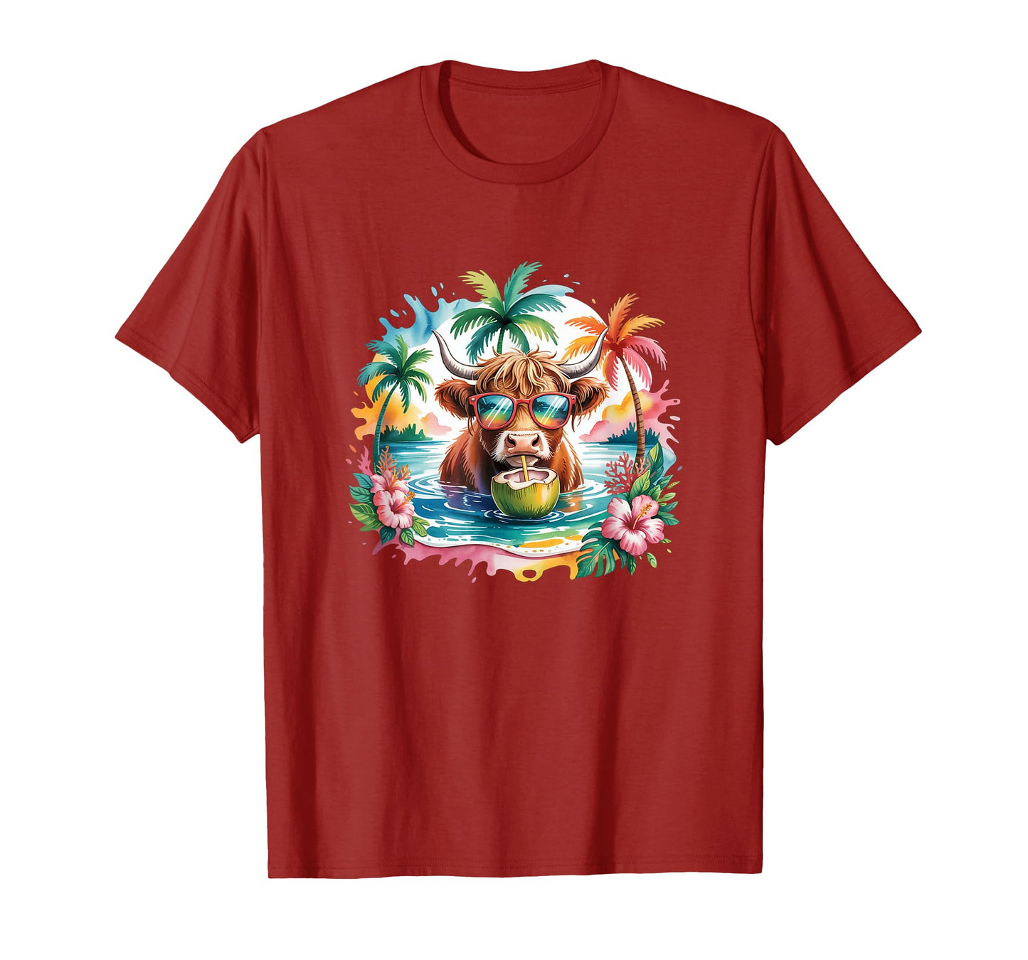 Tropical Highland Cow Summer Vibes Funny Beach Girls Women T-Shirt