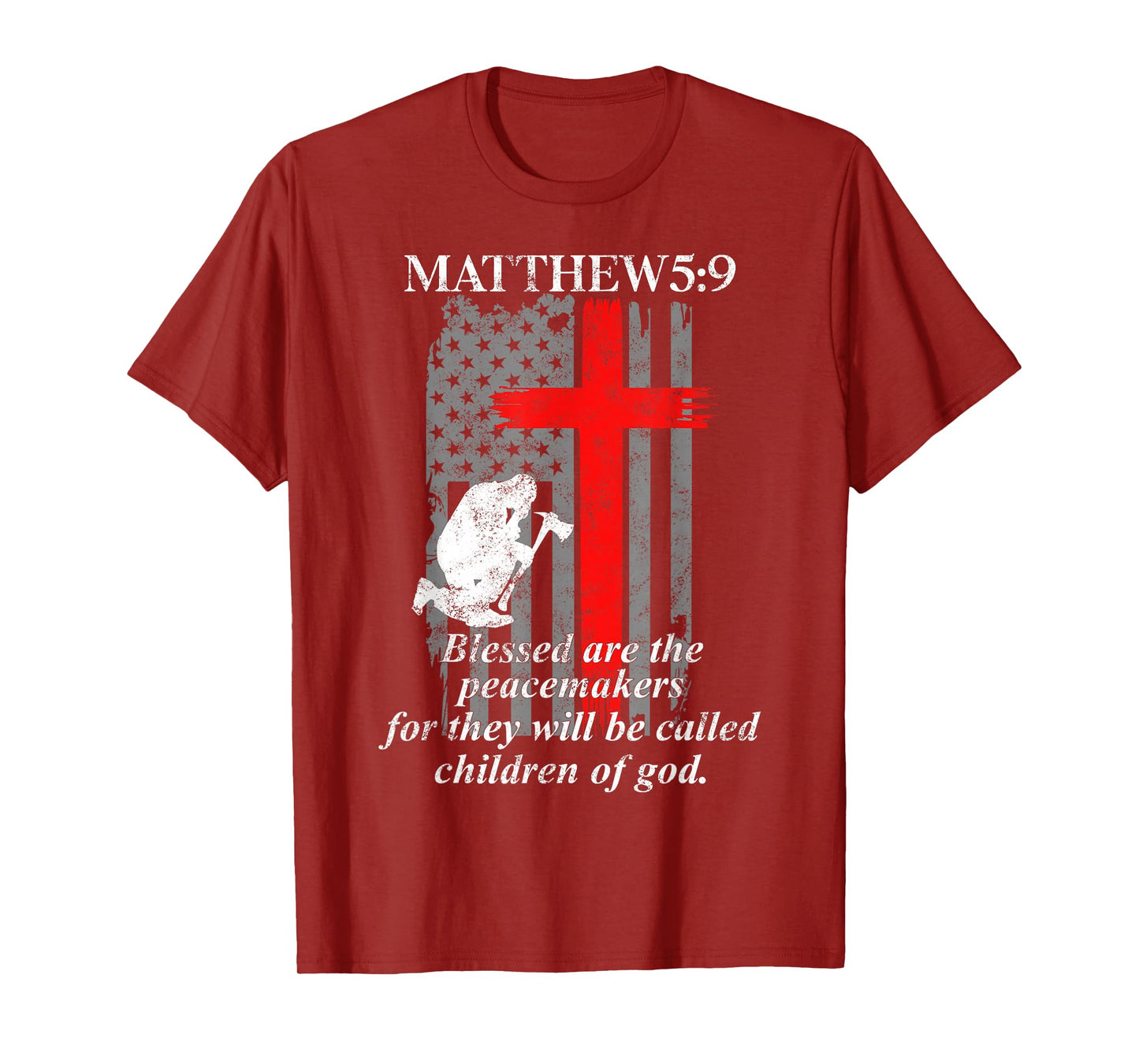 Thin Red Line Fireman Cross Bible Verse Firefighter USA Flag T-Shirt