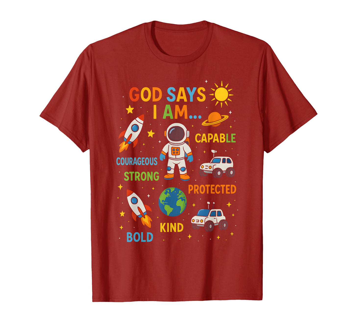 God Says I Am Astronaut Science Kids Boys Planets Space T-Shirt