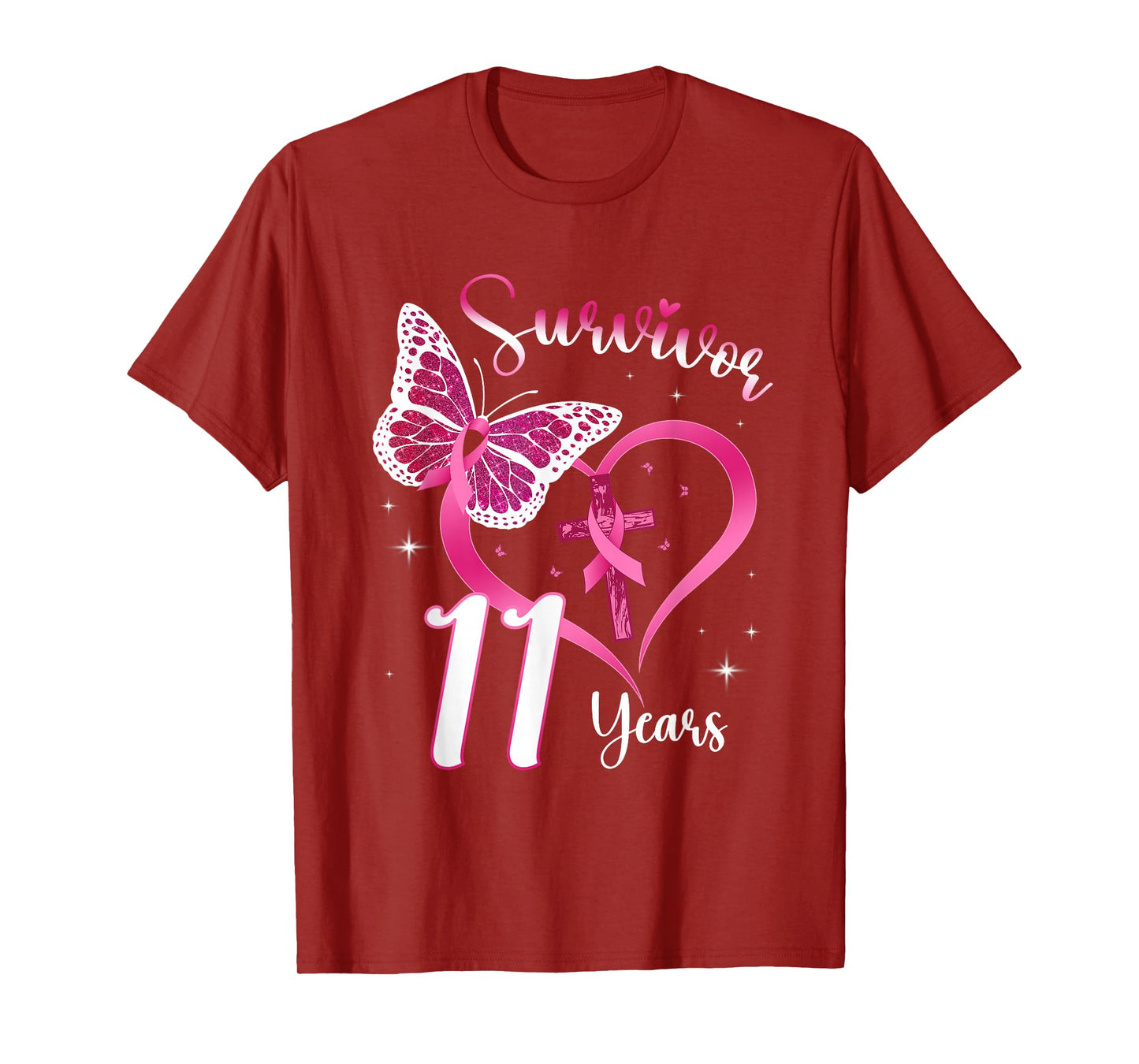 Breast Cancer Survivor Pink Ribbon Butterfly 11 Years Gift T-Shirt