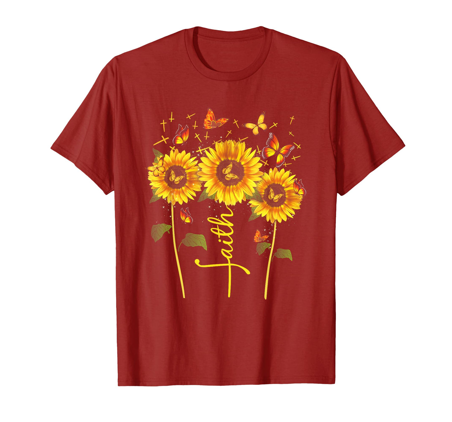 Vintage Faith Cross Sunflower Butterflies Flowers Christians T-Shirt
