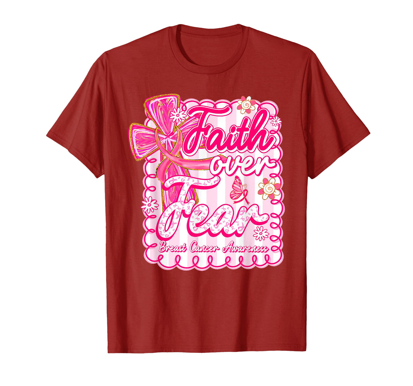 Faith Over Fear Coquette Bow Plaid Breast Cancer Awareness T-Shirt