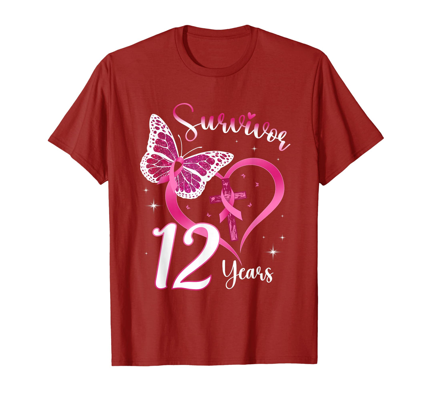 Breast Cancer Survivor Pink Ribbon Butterfly 12 Years Gift T-Shirt
