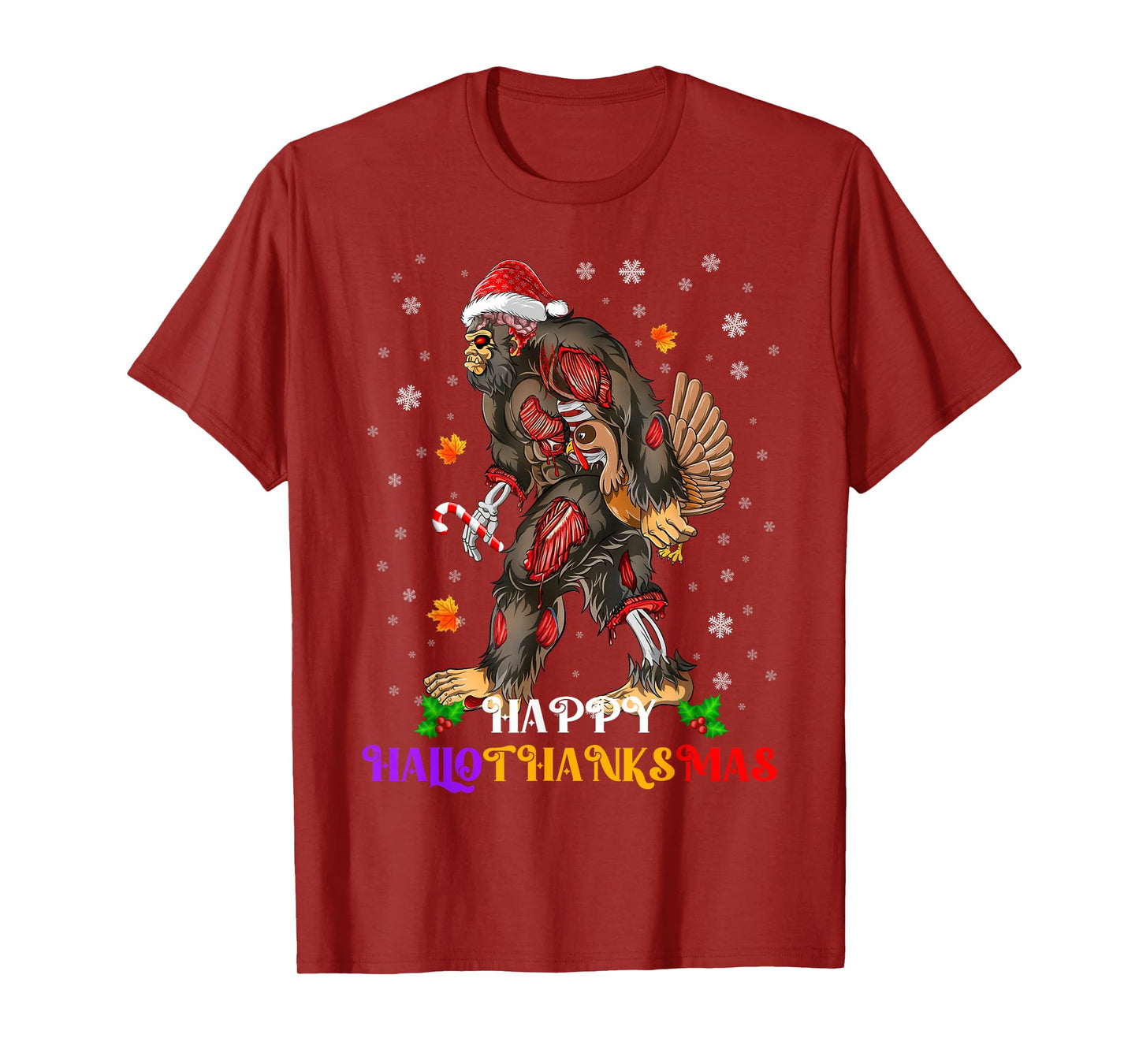 Happy Hallothanksmas Bigfoot Halloween Thanksgiving Xmas T-Shirt
