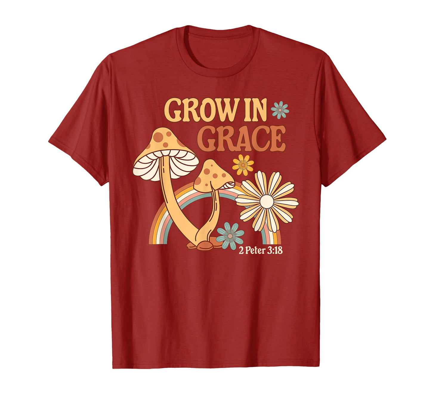 Retro Grow In Grace Mushroom Flower Christian Bible Verse T-Shirt