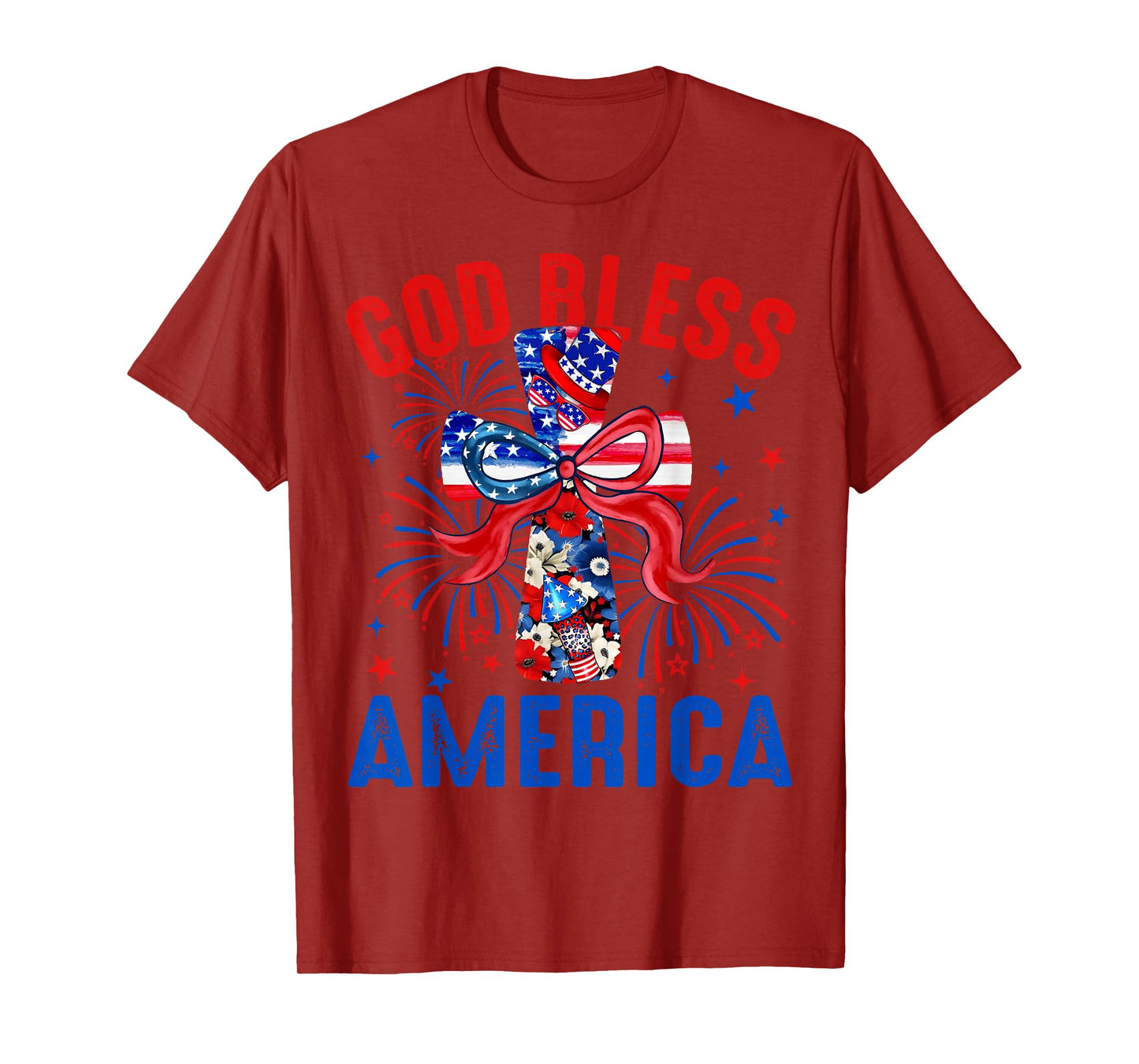 God Bless America Coquette Bow Cross 4th July Christian T-Shirt