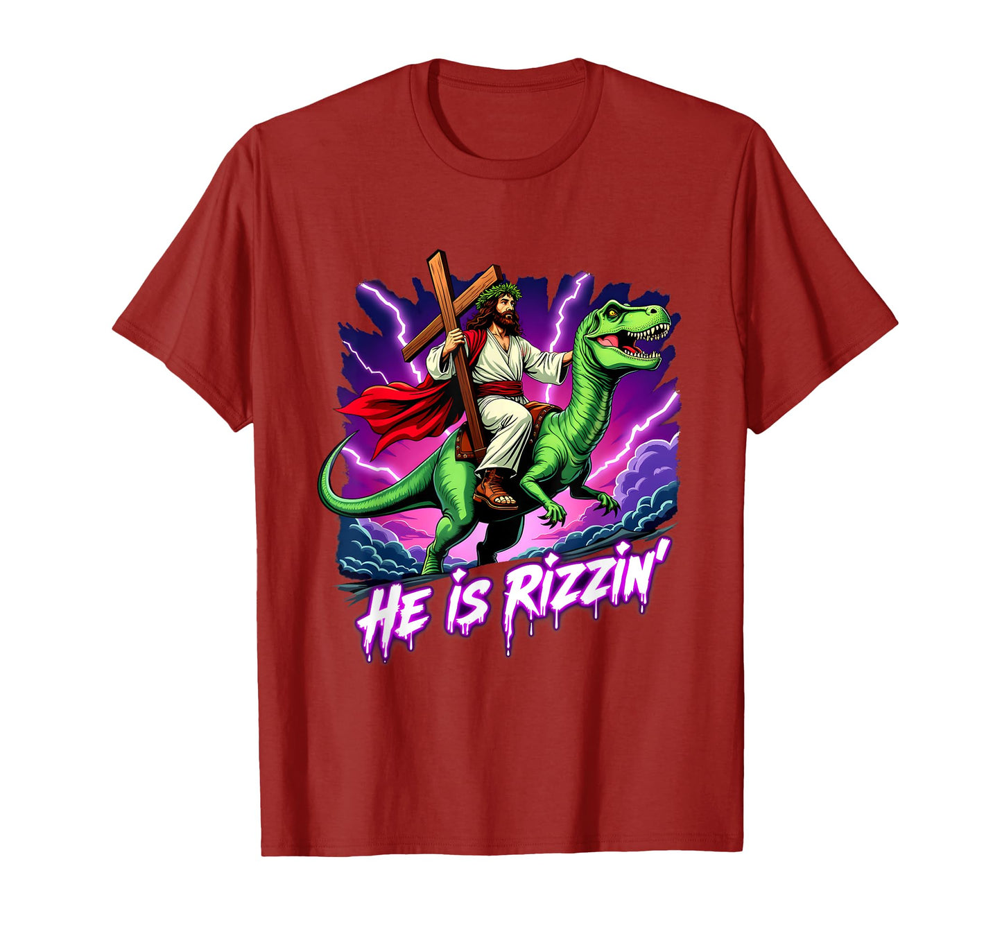 Retro Jesus Christian He Is Rizzin' Riding T-Rex Dinosaur T-Shirt